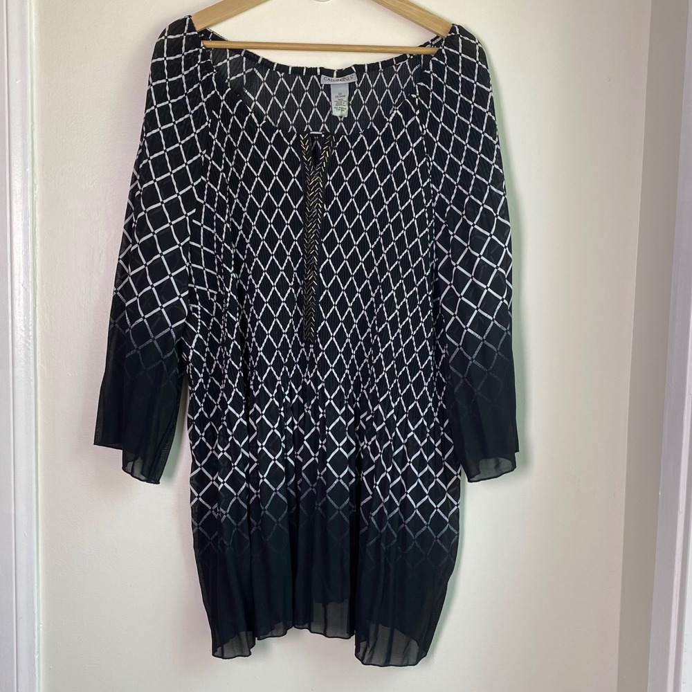 Catherines Blouse Women 2X Black White Diamond Pleated Beaded Tunic Career